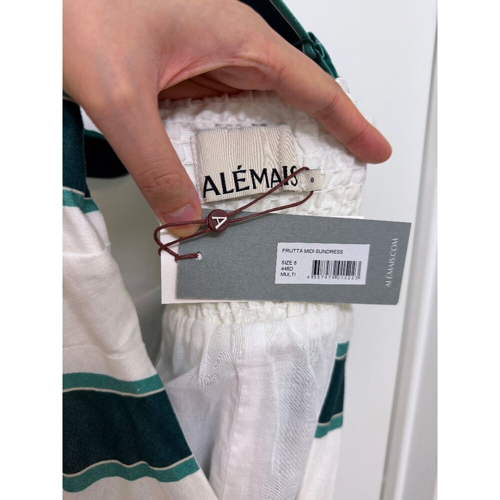 NWT Alemais Frutta Midi Sun Dress White Green Floral Fruit Stripe Linen AU 8 US4 - Picture 4 of 16